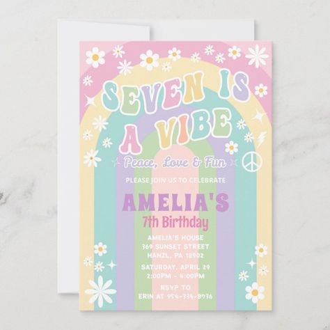 Seven is a vibe birthday invitation  Zazzle Groovy 2nd Birthday, Daisy Invitations, Two Groovy, Groovy Birthday, 2nd Birthday Invitations, Third Birthday, 70s Retro, Invitation Sizes, 7th Birthday