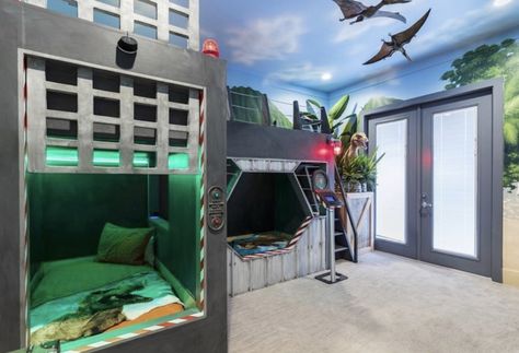 Jurassic Park Bedroom Ideas, Jurassic World Room, Dino Playroom, Jurassic Park Room, Boys Dressers, Jurassic World Bedroom, Jurassic Bedroom, Doll House For Boys, Fluffy Bedroom