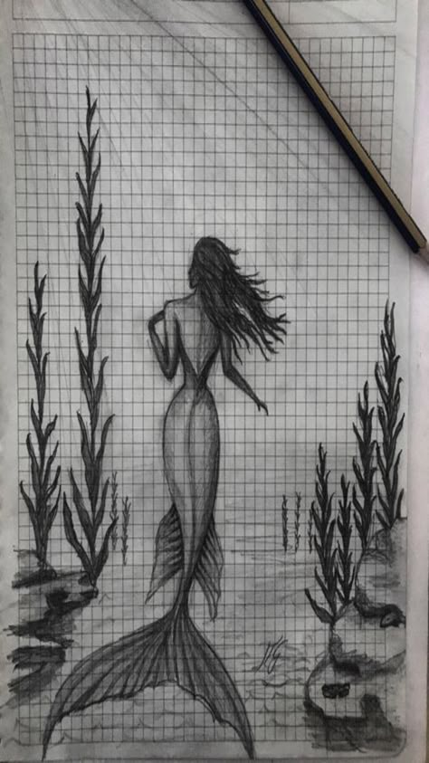 Mermaid Sketch Easy, Mermaid Art Sketch, Mermaid Drawing Sketches Pencil, Random Sketch Ideas Simple Easy, Drawing Mermaid Sketches, Mermaid Drawing Ideas, Small Pencil Sketches, Realistic Mermaid Drawing, Easy Mermaid Drawing