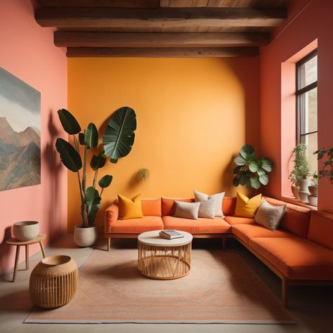 Minimalist Home Colorful, Interior Design Analogous Colors, Orange Wall Office, Colorful Vaulted Ceiling, Instagrammable Interior Design, Analogous Living Room, Vibrant Living Room Ideas Eclectic, Multi Color Room Walls, Colorful Walls Home