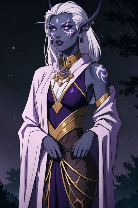 Nightborne female in white-purple dress #fantasy #warcraft #nightborn #elf Nightborne Female, Astral Elf Female Dnd, Moon Elf Female Dnd, Night Elf Art, Nightborne Elf, Female Elf Art, Elf Creature, Moonshadow Elf, Star Elf