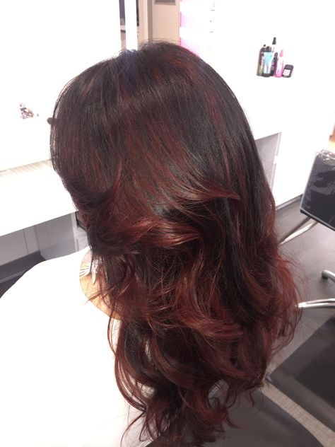 Dark Red Hair Over Black, Ombre Black Red Hair, Dark Brown Hair With Dark Red Balayage, Faded Dark Red Hair, Red Highlights On Black Wavy Hair, Red On Brown Balayage, Dark Red Underdye Hair Brown, Dark Wine Red Hair Highlights, Wine Red Hair Highlights On Black Hair