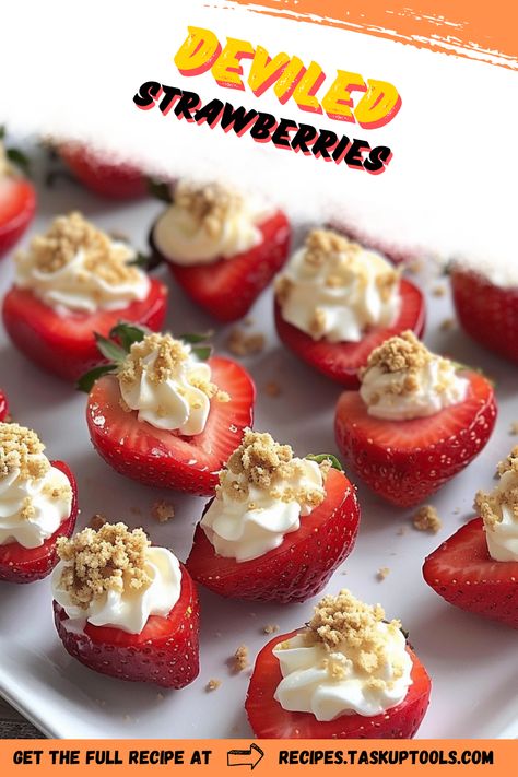 Dive into the deliciousness of our Deviled Strawberries - an enticing twist on a classic sweet treat. Guaranteed to impress at any gathering, these delicacies are a perfect blend of tangy strawberry, smooth cream cheese, and a hint of spice. Enjoy the fabulous fusion of flavors with every bite. Check out our easy-to-follow recipe and make your next event truly unforgettable. Don't forget to save it to your board for later! Filled Strawberries Cream Cheese, Devilled Strawberries, Deviled Strawberry Cheesecake, Strawberry Cream Cheese Bites, Cheesecake Deviled Strawberries Recipe, Strawberry Deviled Eggs, Cheesecake Deviled Strawberries, Deviled Strawberries Recipe, Deviled Strawberries