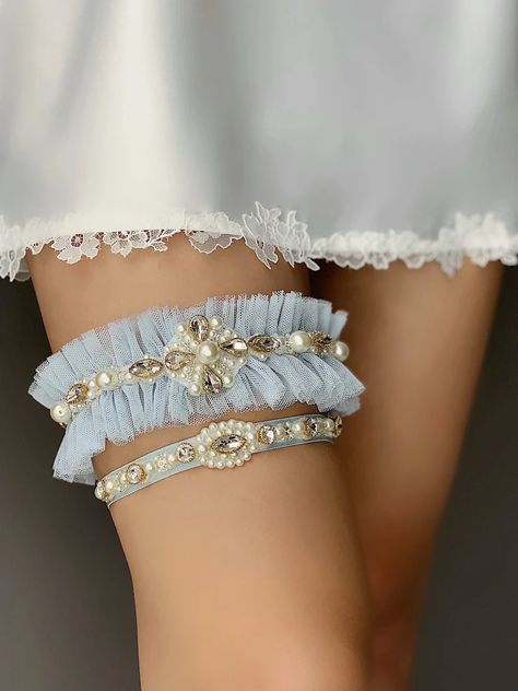 Coffeehouse Wedding, Blue Bridal Garter, Unique Garter, Anniversary Tattoo, Elegant Veils, Wedding Garter Blue, Bridal Garters, Bridal Garters Set, Gold Crystals