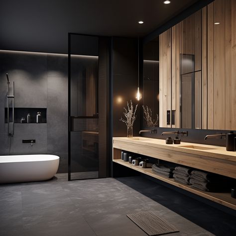 black and wood modern bathroom dark modern room Bathroom Interior Design Luxury Black, Dark Modern Bathroom, Black Bathroom Floor, Black Modern Bathroom, Bathroom Interior Design Luxury, Black Bathroom Light, Dark Bathroom Ideas, Japanese Bathroom, Dark Bathrooms