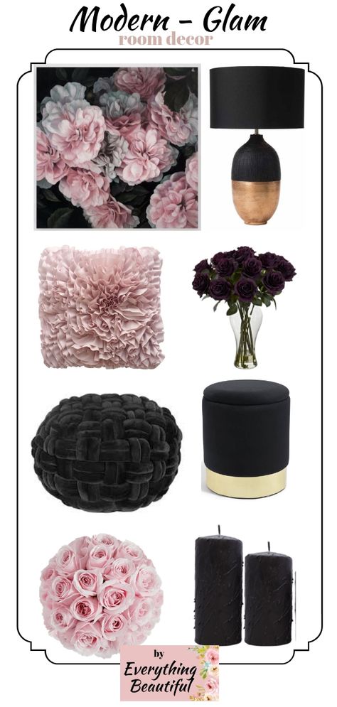 Pink And Black Master Bedrooms Decor, Black And Blush Office, Black Blush Gold Bedroom, Mauve Black And Gold Bedroom, Black Floral Bedroom Ideas, Black Mauve Bedroom, Pink And Black Living Room Ideas Glam, Black And Mauve Living Room, Blush Color Living Room