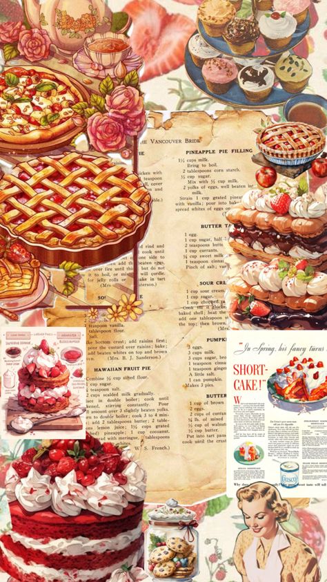 Bakery Vintage, Baking Wallpaper, Vintage Bakery, Homemade Cookbook, Healthy Lunch Snacks, Kawaii Cooking, Food Illustration Art, Vintage Baking, Food Drawing