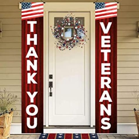 【SUITABLE SIZE】The Veterans Day banners are in the size of (71x12 inches) / (180x30 cm), The large design enable it is readable at a distance and ideal for hanging on front porch, door, gardens, wall, indoor and anywhere you want to decorate. 【GORGEOUS PATTERN】The package contains two porch sign banners, are printed large eye-catching slogan and specially pattern designed for Remembrance Day to set off the atmosphere. Veterans Day Decorations, Front Porch Door, Porch Door, Thank You Veteran, Porch Sign, Remembrance Day, Large Eyes, Porch Signs, Veterans Day