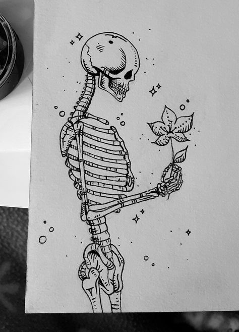 Skeleton Drawing Aesthetic, Easy Skeleton Drawing, Skeleton Holding Flowers, Simple Skeleton Drawing, Skeleton Sketches, Drawing A Skeleton, Skeleton Drawing Easy, Rome Tattoo, Skeleton Sketch