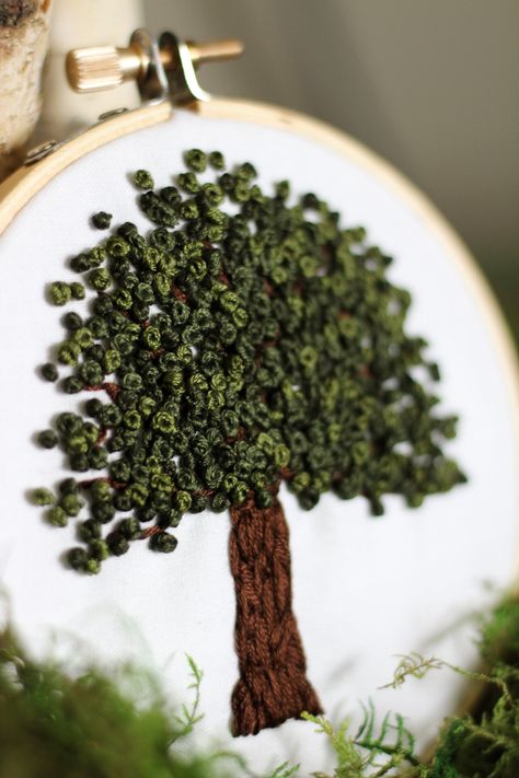 Simple Tree Embroidery, French Knot Embroidery Designs Ideas, Tree Embroidery Tutorial, Hand Embroidery Tree Designs, Bush Embroidery, French Knot Stitch Design, How To Embroider Tree Branches, French Knot Embroidery Designs, French Knot Embroidery Tree