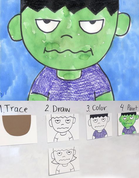 Draw a Crankenstein. Great kinder project for facial expressions. #halloween Crankenstein Activities, Drawing Halloween Art, Directed Drawing Kindergarten, Drawing Halloween, First Grade Art, Halloween Art Projects, Art Project For Kids, Halloween Kindergarten, October Art