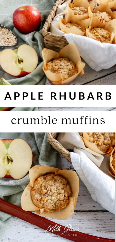 Fall Rhubarb Recipes, Rhubarb Apple Muffins, Rhubarb Apple Recipes, Rhubarb Healthy Recipes, Apple Rhubarb Recipes, Spring Muffins, Apple Rhubarb Crisp, Rhubarb Ideas, Rhubarb Apple Crisp