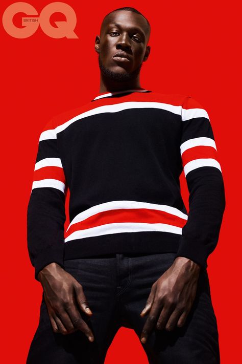 "It’s been a great year for Stormy. I love how photographer Daniel Sannwald captured him." Tomer Capone, Uk Rappers, 30th Photoshoot, Gq Magazine Covers, Test Shoot Ideas, Stripes Clothing, Uk Rap, Black Prints, Poses Model