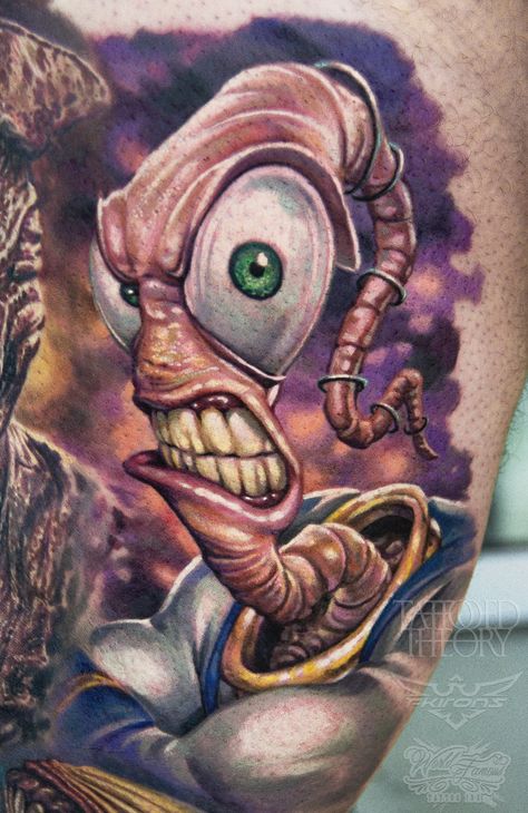 Earthworm Jim Tattoo by Javier Antunez, artist/owner of Tattooed Theory Wednesday Addams Tattoo, Earth Worm, Elephant Skull, Photo Realism Tattoo, Chef Tattoo, Earthworm Jim, Tattoo Off, Dragon Sleeve, Usa Tattoo