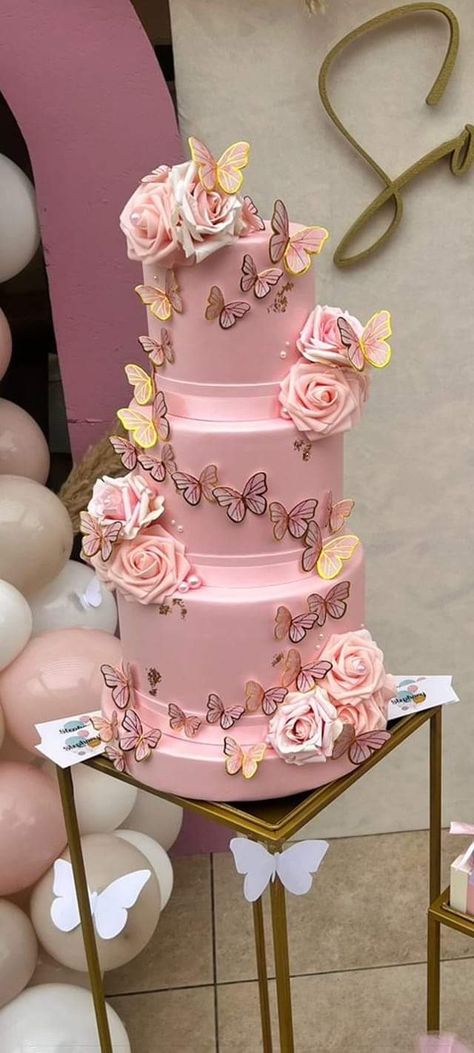 Quinceanera Cakes Butterflies, Pastel Colors Quinceanera Theme, Pink Butterfly Decorations For Party, Pink Butterfly Theme Quinceanera, Quince Decorations Butterfly, Quince Decorations Pink Butterfly, Pink Enchanted Forest Theme, Quince Cake Ideas Pink, Quince Decorations Butterfly Theme