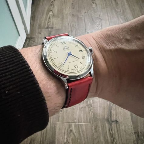 Watch my Strap. Handmade watch strap in Walpier Buttero. Best of two worlds: Orient Bambino and Walpier Buttero. ••• #handmade #jamil #leatherwatchstrap #madeinnorway #walpierbuttero #orientbambino #21mmwatchstrap #red ••• DM for custom made watch strap. Orient Bambino, Handmade Watch Strap, Handmade Watch, Two Worlds, April 11, Leather Watch Strap, Second World, Watch Strap, Custom Made