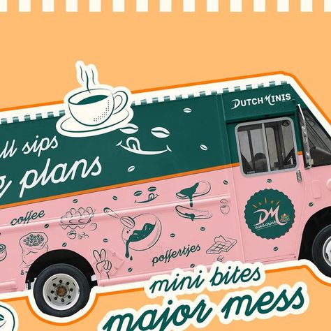 Nani | Brand designer on Instagram: "Throwing it back to this food truck design project I worked on two years ago! 🚚✨ . Bringing the client's vision to life was an absolute joy. 🥞 . From bold colors to eye-catching graphics, every detail aimed to make this truck a rolling masterpiece. 🌈 . What do you think about this design ? 🫶🏻 . #branddesignstudio #branddesigners #branddesigner #branddesign #cupdesign #packagingdesign #labeldesigns #design #pancakes #branding #packagingdesign #patterndesign #icons #moderngraphicdesign #designstudio #visualidentity #visualidentitydesign #smallbusiness #smallbusinesssupport #brandidentity #graphicdesigndaily #graphicdesign #montrealsmallbusiness #graphicdesigncentral #pattern #colorpalette #illustration #freelancedesigner #graphicdesignstudio #logo #l Coffee Food Truck Design, Food Truck Design Graphics, Foodtruck Design, Food Truck Branding, Food Truck Design Logo, Truck Branding, Coffee Food Truck, Livery Design, Truck Icon