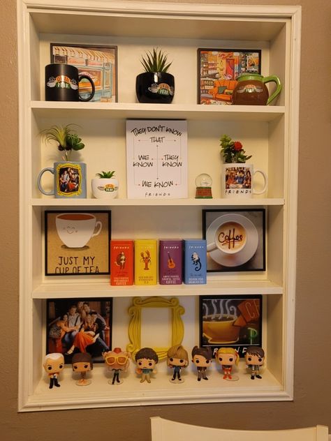 I have several Friends items on these shelves for decor Friends Theme Room Decor, Friends Room, Friends Theme Room, Friends Tv Decor, Friends Themed Bedroom Decorating Ideas, Friends Decor, Friends Tv Show Home Decor, Friends Room Decor Tv Show, Funko Pop Display Ideas