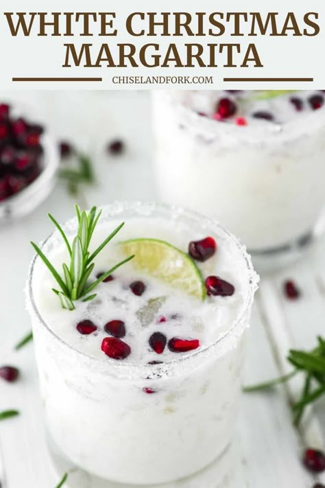 With coconut, tequila, fresh lime juice, triple sec and pomegranate seeds, this White Christmas Margarita looks like winter but tastes like summer. #whitechristmasmargarita #christmascocktail #holidaycocktail #margarita | chiselandfork.com Christmas Party Themes For Adults, White Christmas Margarita, Christmas Margarita, Coconut Tequila, Cranberry Margarita, Christmas Party Drinks, Pumpkin Cream Cheese Pie, Lime Tea, Coconut Margarita