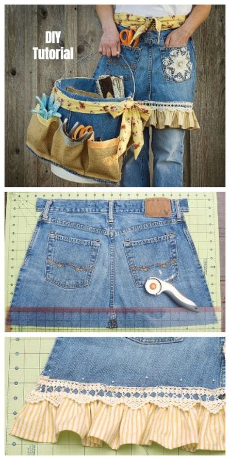 Jeans Apron, Blue Jean Crafts, Jean Projects, Jean Apron, Diy Ruffle, Diy Apron, Jeans Crafts, Apron Patterns, Denim Crafts Diy