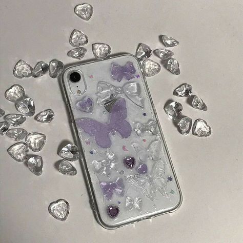 Phone Cases Aesthetic, Hearts Butterflies, Resin Phone Case, Aesthetic Phone Cases, Photo Iphone Case, Cases Aesthetic, Creative Iphone Case, Clear Heart, Decoden Phone Case