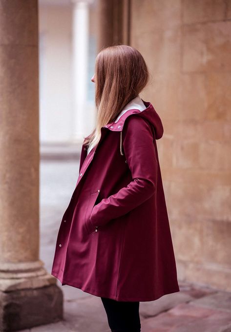 The Stutterheim Burgundy Raincoat Outfit | Raindrops of Sapphire Mosebacke Raincoat, Rain Jacket Outfit, Bossy Girl, Stutterheim Raincoat, Raincoat Outfit, Rain Coats, Vinyl Raincoat, Red Windbreaker, Raincoat Jacket