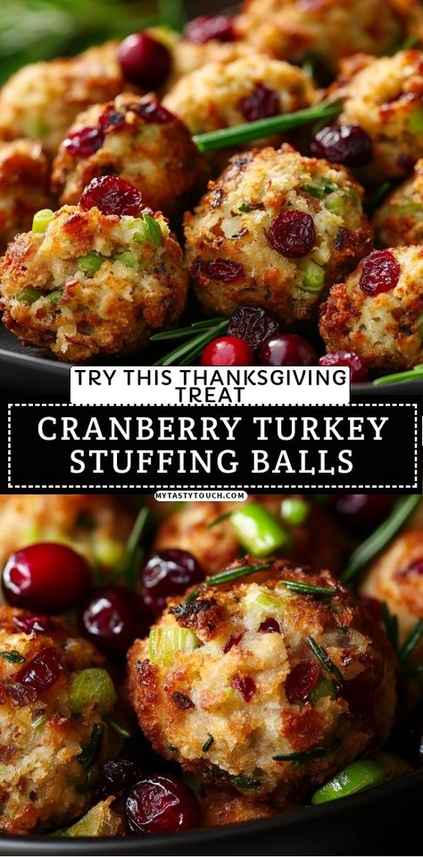 These Cranberry Turkey Stuffing Balls are a must-try for your Thanksgiving feast! They're bursting with flavor and the perfect bite-sized treat. Tender turkey combined with tart cranberries and savory herbs creates a delightful harmony that will please everyone's palate. Serve them hot and watch your guests delight in this festive appetizer! Stuffing Balls With Cranberry Sauce, Festive Cranberry Turkey Stuffing Balls, Sausage Stuffing Balls With Cranberry, Turkey And Stuffing Balls, Turkey Appetizers Finger Foods, Cranberry Stuffing Balls, Cranberry Turkey Stuffing Balls, Cranberry Stuffing Recipes, Best Turkey Stuffing Recipe