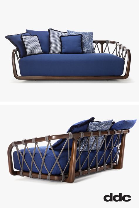 The art of weaving transformed into an outdoor sofa: this is Basket Sofa. The essence of wood and rope offers the reliability of a cozy design. This collection is part of a whole, versatile piece that can be mixed and matched countless times according to the space. The padded cushioning lays on a solid base of Sapelli mahogany. #ddcnyc #exteta #paolanNavone #outdoor #design #archidaily #designinspiration #architecture #interiorarchitecture #interiordesign #luxuryhomes #outdoorfurniture #travel Living In The Moment, Paola Navone, Outdoor Furniture Design, Cozy Design, Modern Outdoor Furniture, Deck Chairs, Am Pm, Feeling Good, Modern Outdoor