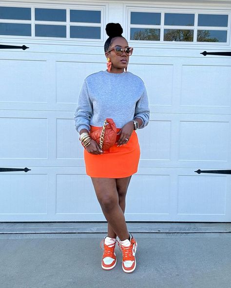 Orange Womens Outfits, Styling Sweatshirts Women, Chucks And Pearls Outfit, Hbcu Game Day Outfit, Sneaker And Dress Outfit, Adidas Skirt Outfit, Skirt Outfits With Sneakers, Mid Size Women Outfits, Hoodie And Skirt Outfits