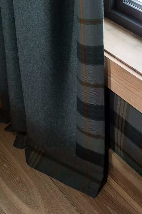 Lodge Window Treatments, Lodge Bedroom, Cabin Curtains, Mountain Interiors, Chalet Chic, Curtain Store, Log Cabin Interior, Plaid Curtains, Chalet Design