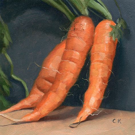 Carrots, 4" x 4", oils on paper. Buy at ckornacki.etsy.com. In 2015, I started a weekly food painting initiative. Every Monday, I create a small, 4" oil paintings from life. Carrot Painting Acrylic, Carrot Still Life, Carrot Painting, Pumpkin Dance, Food Paintings, Vegetable Painting, Watermelon Radish, Drink Design, Carrots Oil