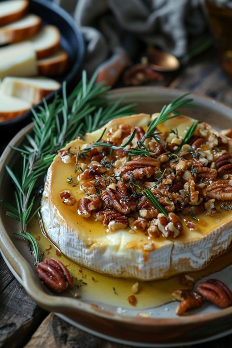 Baked brie topped with pecans and drizzled with honey, garnished with rosemary. Baked Brie And Caramelized Peach Toast, Brie Oven Recipes, Baked Brie Platter, Oven Brie Cheese, Apple And Brie Appetizer, Baked Brie In Ceramic Dish, Baked Brie Board, Cozy Christmas Food, Fall Inspired Appetizers