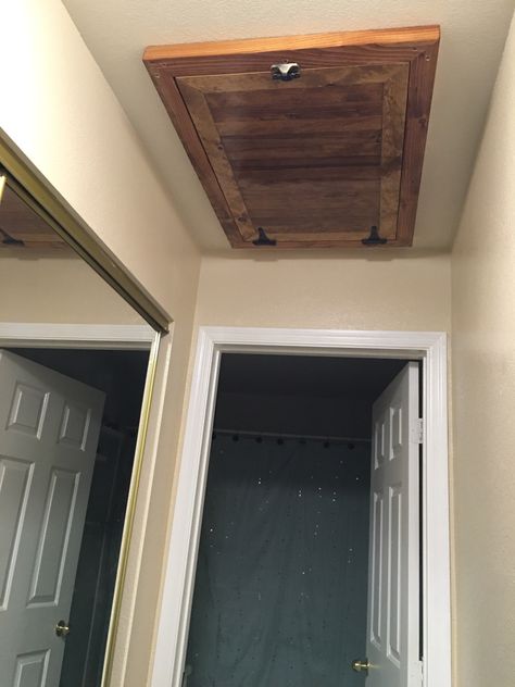 Pull Down Attic Door Cover, Attic Access Ideas Doors, Attic Cover Ceilings, Attic Access Door In Ceiling Ideas, Attic Cover Ideas, Attic Entry Ideas Ceilings, Diy Attic Door, Attic Opening Cover, Attic Entrance In Ceiling