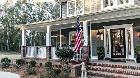 There are 8 flag code rules to follow when it comes to flying your US flag at home – here's everything you need to know to celebrate this July 4th correctly American Flag On House, Flag On House, Flag Etiquette, American Flag Photos, Flag Code, Gray House, Independance Day, Front Door Entrance, Grey Houses