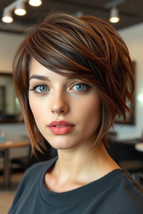 Deep Mocha Pixie Bob, Pixie Haircut for Modern women Short Hairstyle Women Highlights, Vanessa Hudgens Hair Short, Short Hair Lowlights, Hair Color For Pixie Haircut, Light Brown Pixie Haircut, Pixie Haircut With Highlights, Brunette Pixie With Highlights, Bixie Colour Haircut 2024, Haircut And Color Ideas