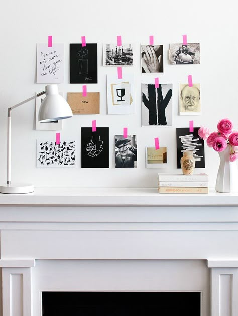 Small apartment decorating ideas on a budget require a little creativity and ingenuity, especially if you want your deposit back. Proving that temporary can be clever, this art display of black-and-white prints is installed with neon pink washi tape. Mixing almost-all-black prints with lighter fare brings depth to the casual arrangement. Small Apartment Decorating Ideas, Diy Home Decor For Apartments, Small Apartment Bedrooms, Apartment Decorating Ideas, Decorating Ideas On A Budget, Small Apartment Decorating, Trendy Home Decor, Apartment Decorating, Diy Home Decor On A Budget