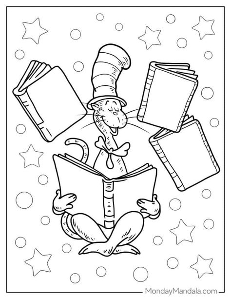 Picture Book Characters, Library Coloring Pages For Kids, Dr Seuss Characters, Hat Quotes, Entertaining Kids, Make Bunting, Origami Bookmark, Decorated Gift Bags, Red Tissue Paper