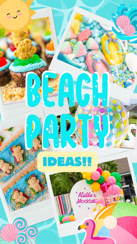 Beach Theme Party Food, Pool Party Treats, Beach Party Ideas, Beach Theme Party, Ocean Theme Birthday, Party Food Themes, Beach Themed Party, Party Banners, Birthday Games