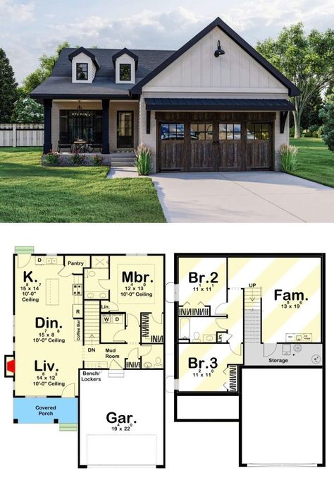 Modern Rustic Exterior, Craftsman Farmhouse Plans, One Story Craftsman, Ranch Home Floor Plans, Starter Home Plans, 1000 Sq Ft House, Building Styles, Rustic Houses, Craftsman Farmhouse