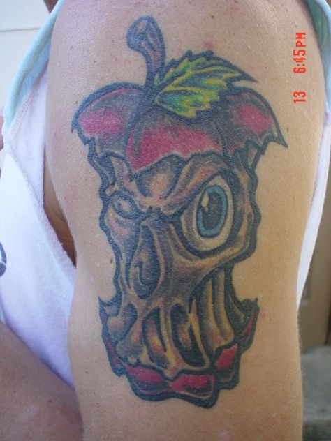 Rotten Apple Tattoo, Apple Tattoos, Bad Apple Tattoo, Eaten Apple, Apple Tattoo, Rotten Apple, Bag Of Bones, Tattoos Back, Clown Tattoo