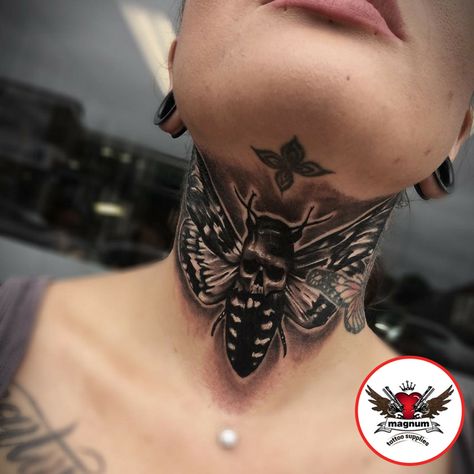 Moth Throat Tattoo Men, Neck Moth Tattoo, Moth Throat Tattoos Women, Deathmoth Skull Tattoo, Moth Throat Tattoo, Neck Tattoos Women Throat, Front Neck Tattoos Women, Moth Neck Tattoo, Neck Ideas