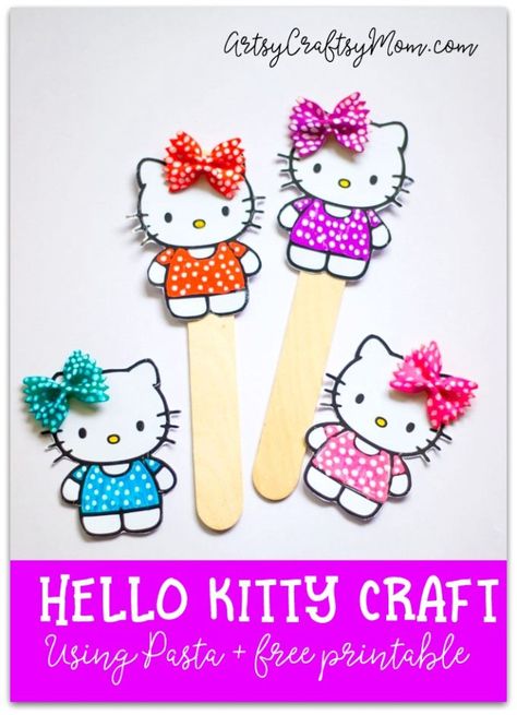 Create your own Super Cute Hello Kitty Bookmark Craft using pasta and our free printable! It's perfect for a Hello Kitty themed birthday party favor and as back to school gifts. Hello Kitty Bookmark, Paw Cupcakes, Kitty Craft, Cat Garland, Back To School Crafts For Kids, Oreo Cat, Cat Balloons, Diy Hello Kitty, Kitty Crafts