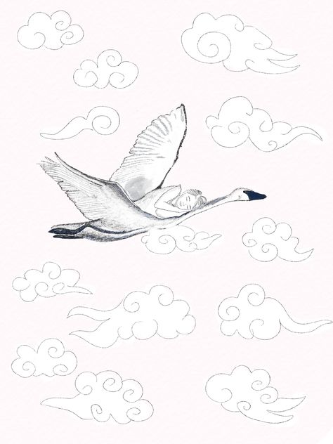 Pencil and watercolour illustration of a girl sleeping on a flying swan #Procreateapp #procreate #girlsleeping #girlbedroomdecor Swan Flying Illustration, Swan Flying Drawing, Flying Swan Drawing, Swans Drawing, Flying Swan, Swan Illustration, Swan Drawing, Swan Tattoo, Fly Drawing