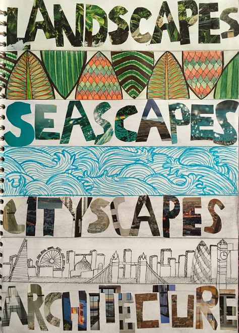 Title page- Landscapes, seascapes, cityscapes, architecture Titles Ideas, Mind Map Art, Sketchbook Prompts, Close Up Art, Beautiful Dawn, Sketchbook Layout, Textiles Sketchbook, Title Ideas, Gcse Art Sketchbook