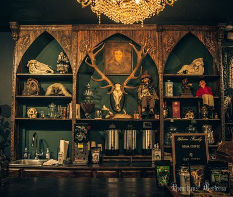 Curio Shop Aesthetic, Oddities Shop, Gothic Interior Design, Curio Shop, Eccentric Decor, Gothic Interior, Western Gothic, Winter Park Florida, Pizza Shop