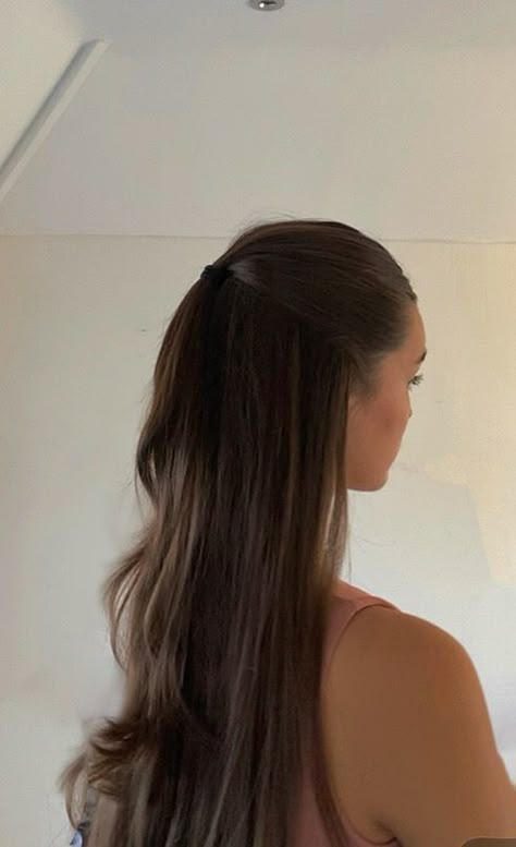 Half Up Half Down Ponytail Straight Hair, Low Half Up Half Down Straight Hair, Sleek Half Up Ponytail, Straightened Half Up Half Down Hair, Brunette Hair Ponytail, Brunette Half Up, School Hairstyles Brunette, Long Brown Hair Half Up Half Down, Basic Half Up Half Down Hair