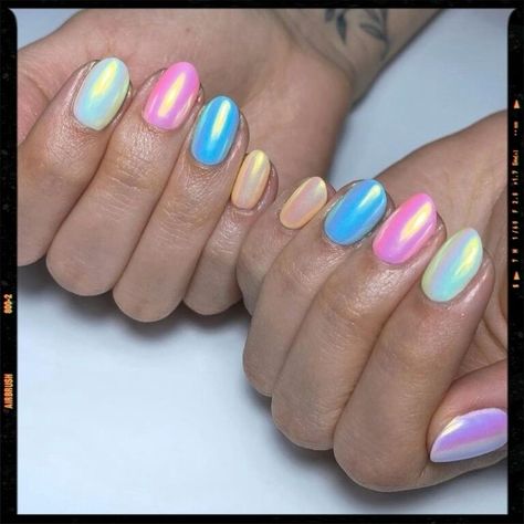 Multi Colored Nails Chrome, Pastel Rainbow Chrome Nails, Pastel Crome Nails, Rainbow Pearl Nails, Chrome Nails Different Colors, Rainbow Nails Chrome, Multicolour Chrome Nails, Easter Chrome Nails, Unique Chrome Nails