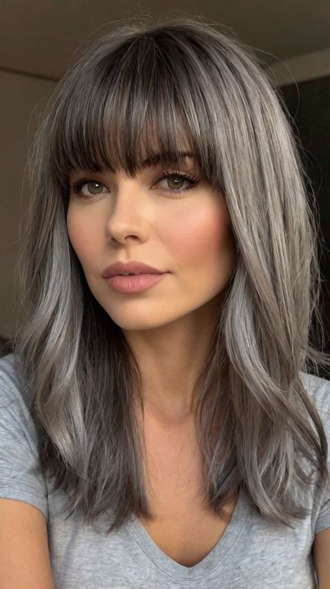 medium length gray hairstyles with bangs Medium Length Haircut Straight Hair With Bangs, Shoulder Length Grey Hair With Bangs, Medium Length Hair With Bangs Over 40, Medium Length Haircut Bangs, Gray Hairstyles With Bangs, Gray Hair With Bangs, Grey Transition, 2024 Haircut, Grey Brown Hair