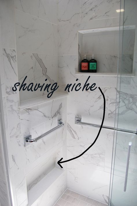 Bathroom Remodeling Ideas: Shower Shaving Niche Low Shower Niche, Shower Niche For Shaving, Shower With Shaving Ledge, Shower Niche Ideas For Shaving, Shower Shaving Niche, Marble Shower With Niche, Shaving Niche, Shower Shaving Niche Foot Rest, Shower Niche Tile Ideas