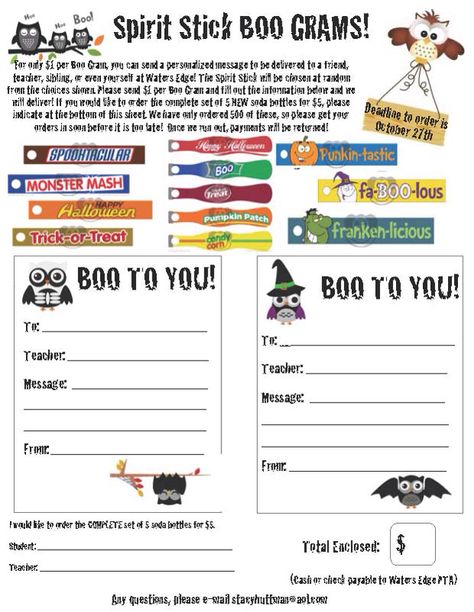 Spirit Stick BOO GRAMS!!! For only $1 per BOO GRAM, you can send a personalized message to be delivered to a friend, teacher, sibling, or even yourself!!! Boo Grams For School, Boo Grams Fundraiser Free Printable, Boo Grams Ideas For School, Halloween Candy Grams Fundraiser, Halloween Grams Ideas, Boo Grams Ideas, Boo Grams Fundraiser, Halloween Candy Grams, Middle School Halloween Activities